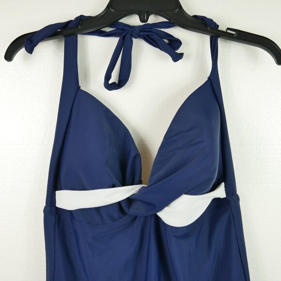 Merona One Piece Slimming Swimsuit Womens Size L Twist Bust Navy Blue White - Picture 3 of 7